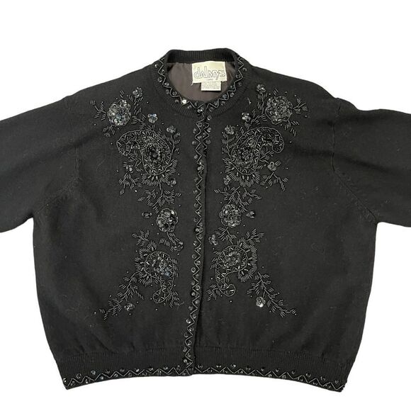 Vintage Dalmy’s Beaded Cardigan Black Wool Blend Christmas Women's M - Picture 3 of 12
